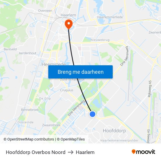 Hoofddorp Overbos Noord to Haarlem map