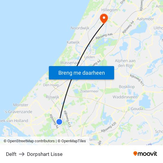 Delft to Dorpshart Lisse map