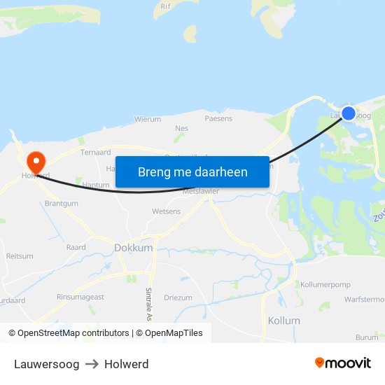 Lauwersoog to Holwerd map