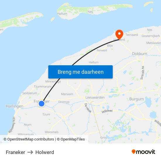 Franeker to Holwerd map