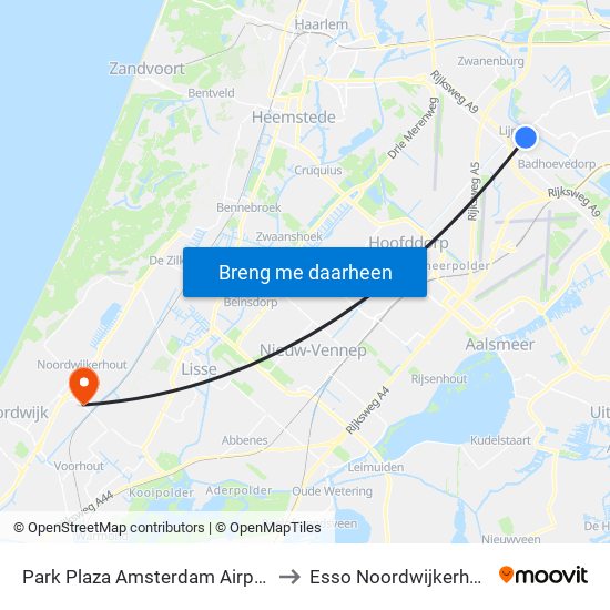 Park Plaza Amsterdam Airport to Esso Noordwijkerhout map