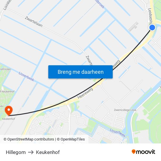 Hillegom to Keukenhof map