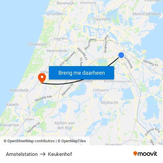 Amstelstation to Keukenhof map