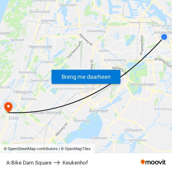 A-Bike Dam Square to Keukenhof map