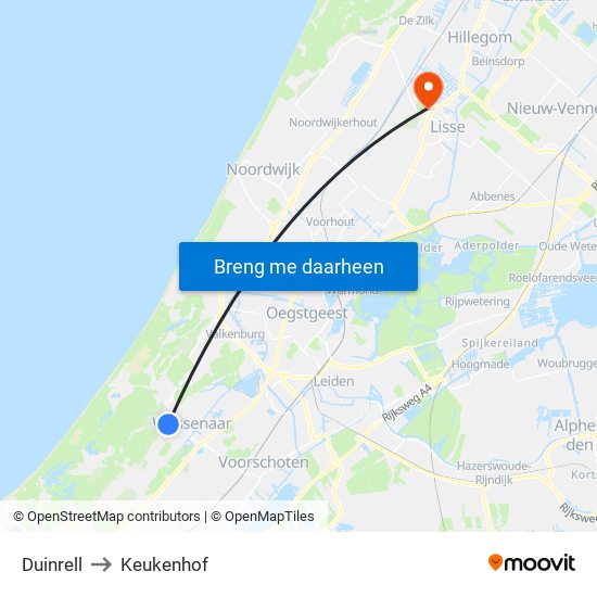 Duinrell to Keukenhof map