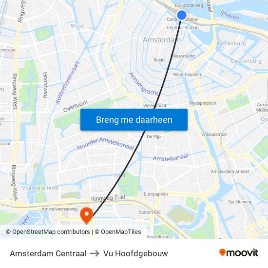 Amsterdam Centraal to Vu Hoofdgebouw map