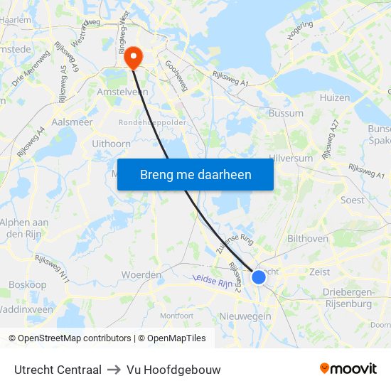 Utrecht Centraal to Vu Hoofdgebouw map