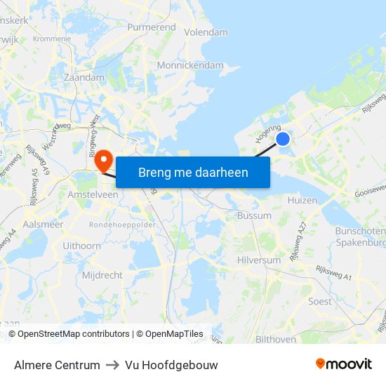 Almere Centrum to Vu Hoofdgebouw map