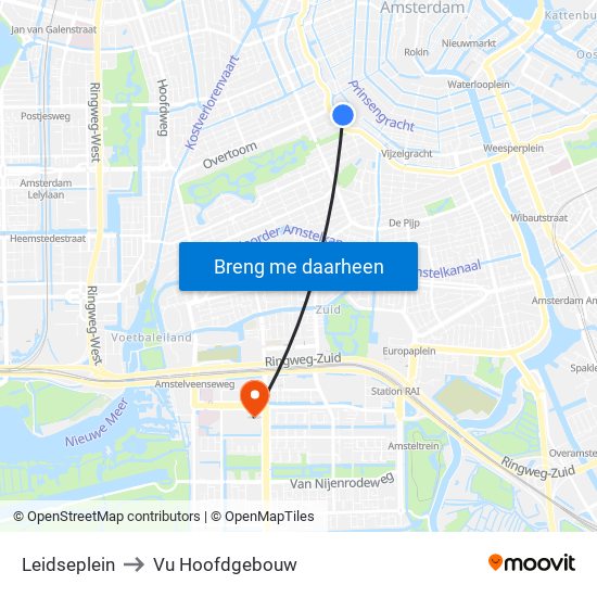 Leidseplein to Vu Hoofdgebouw map