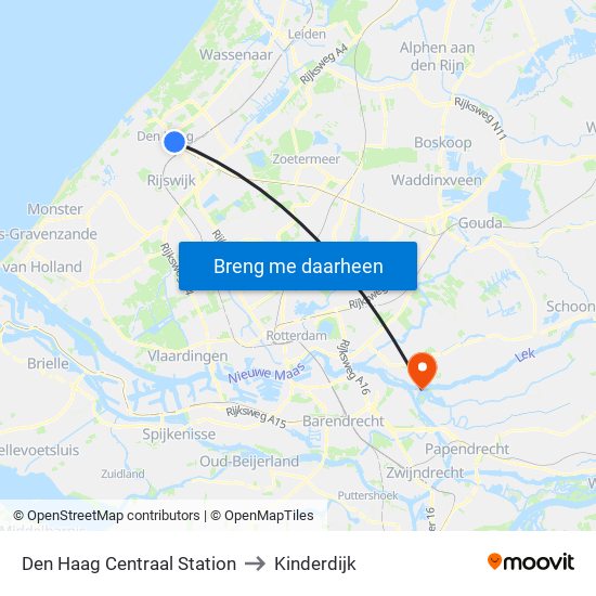 Den Haag Centraal Station to Kinderdijk map