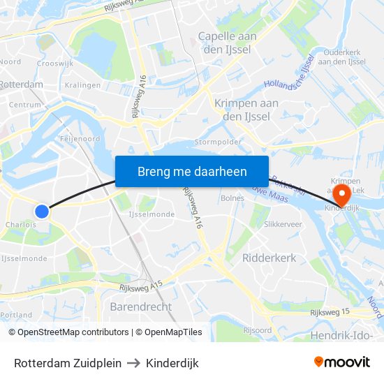 Rotterdam Zuidplein to Kinderdijk map