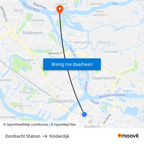 Dordrecht Station to Kinderdijk map
