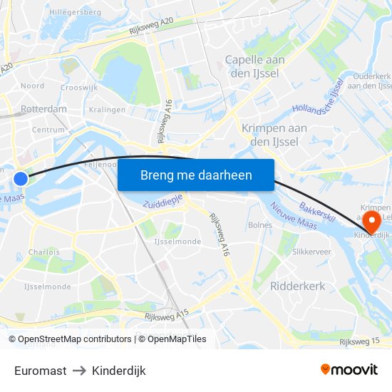 Euromast to Kinderdijk map