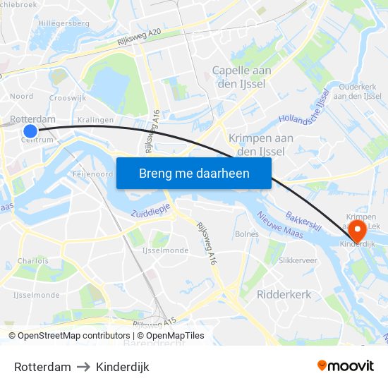 Rotterdam to Kinderdijk map