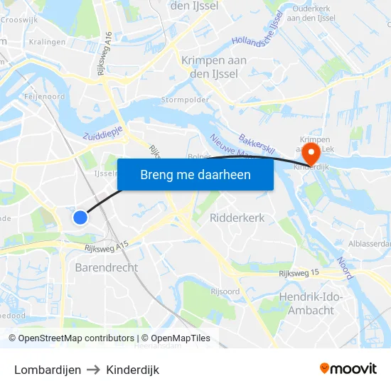 Lombardijen to Kinderdijk map