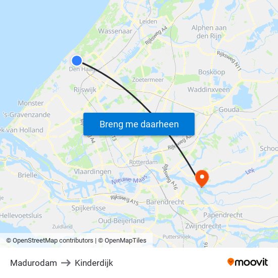 Madurodam to Kinderdijk map