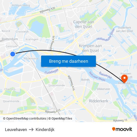 Leuvehaven to Kinderdijk map
