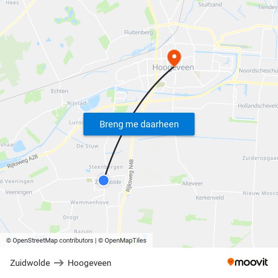 Zuidwolde to Hoogeveen map