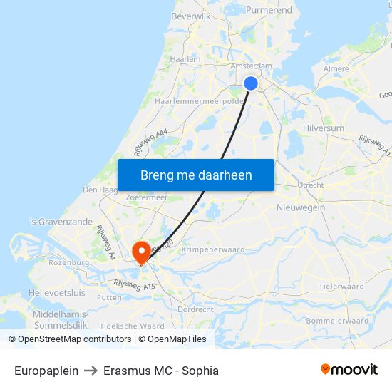 Europaplein to Erasmus MC - Sophia map