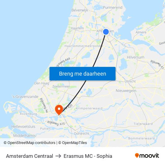 Amsterdam Centraal to Erasmus MC - Sophia map