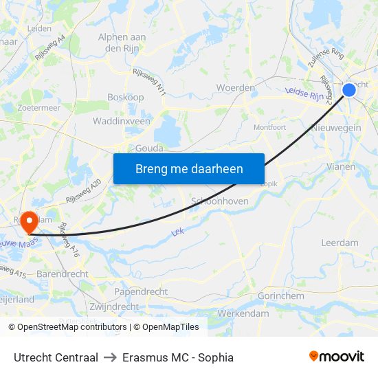 Utrecht Centraal to Erasmus MC - Sophia map