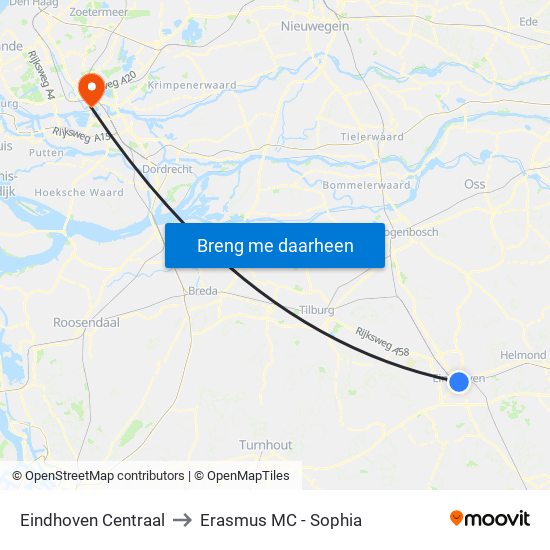 Eindhoven Centraal to Erasmus MC - Sophia map