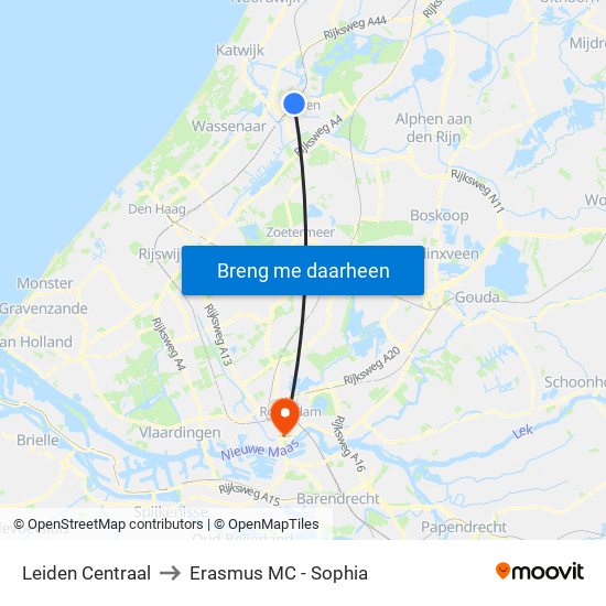 Leiden Centraal to Erasmus MC - Sophia map