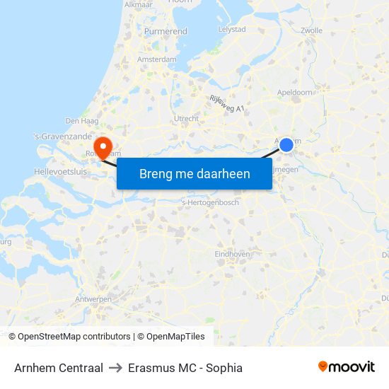 Arnhem Centraal to Erasmus MC - Sophia map