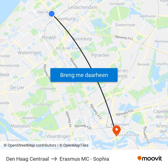 Den Haag Centraal to Erasmus MC - Sophia map