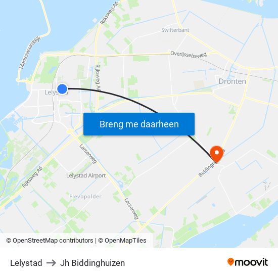 Lelystad to Jh Biddinghuizen map