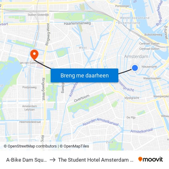 A-Bike Dam Square to The Student Hotel Amsterdam West map