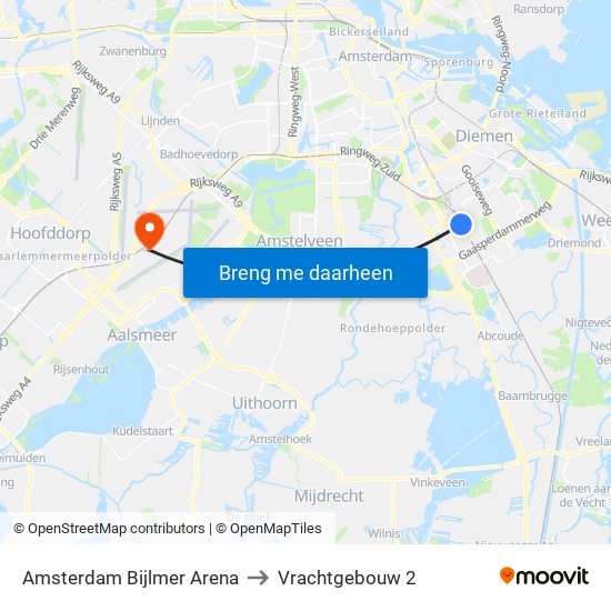 Amsterdam Bijlmer Arena to Vrachtgebouw 2 map