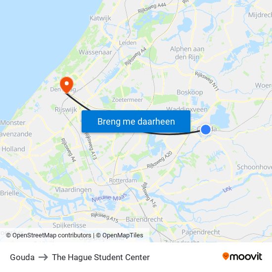 Gouda to The Hague Student Center map