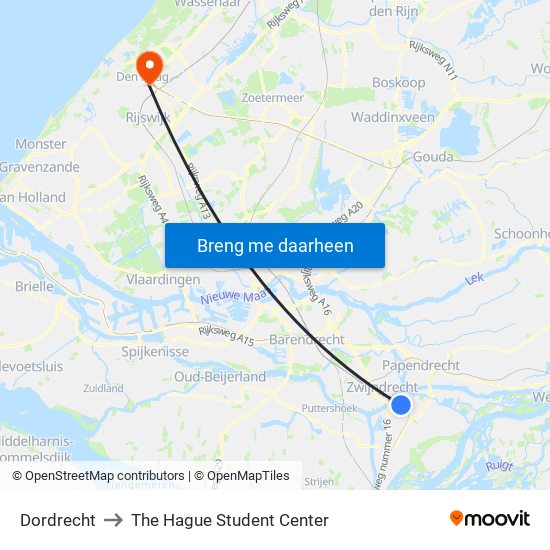 Dordrecht to The Hague Student Center map