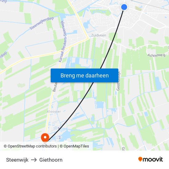 Steenwijk to Giethoorn map
