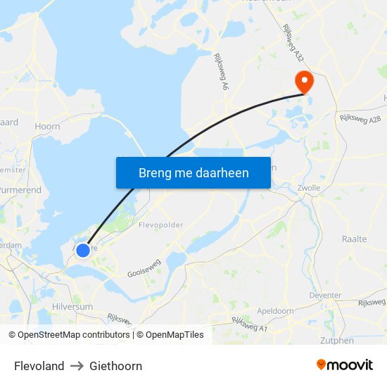Flevoland to Giethoorn map