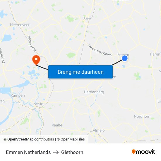 Emmen Netherlands to Giethoorn map