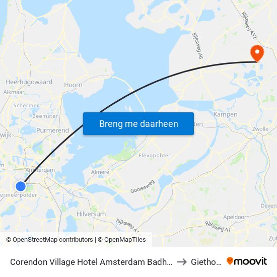 Corendon Village Hotel Amsterdam Badhoevedorp to Giethoorn map