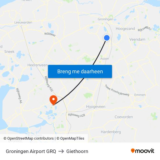Groningen Airport GRQ to Giethoorn map