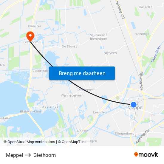 Meppel to Giethoorn map