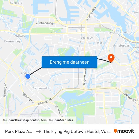 Park Plaza Amsterdam Airport to The Flying Pig Uptown Hostel, Vossiusstraat, Ámsterdam, Países Bajos map