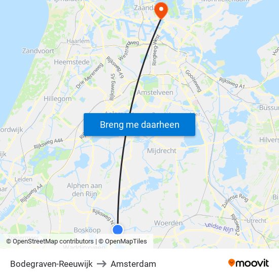 Bodegraven-Reeuwijk to Amsterdam map