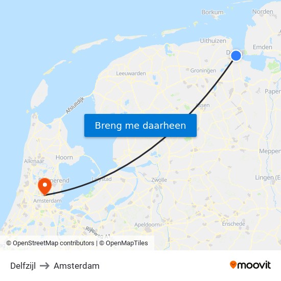 Delfzijl to Amsterdam map