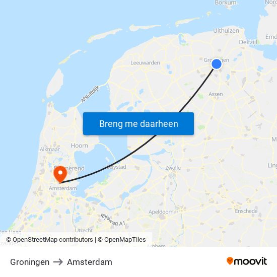 Groningen to Amsterdam map