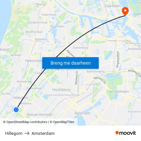 Hillegom to Amsterdam map