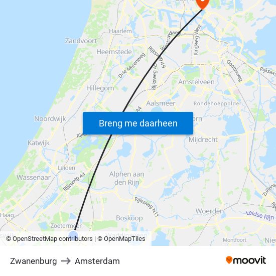 Zwanenburg to Amsterdam map