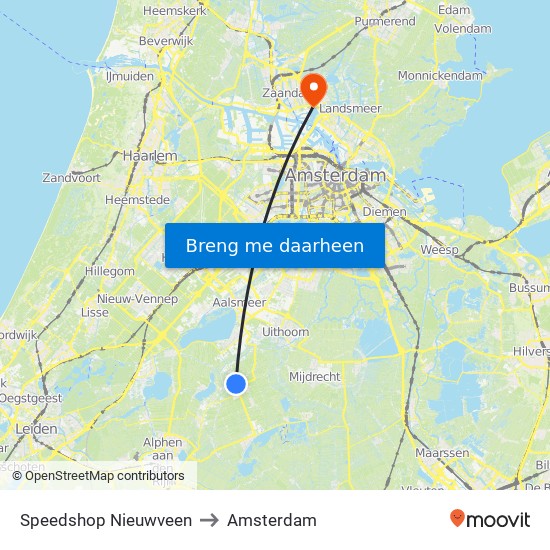 Speedshop Nieuwveen to Amsterdam map