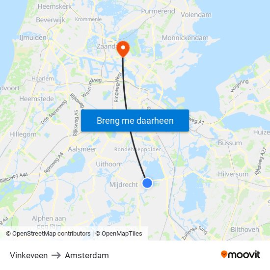 Vinkeveen to Amsterdam map