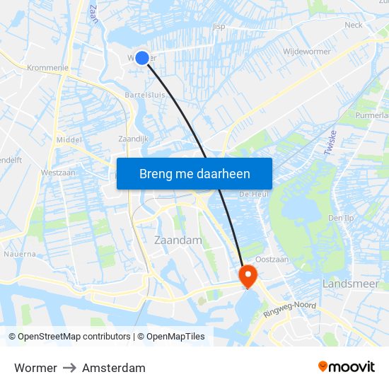 Wormer to Amsterdam map