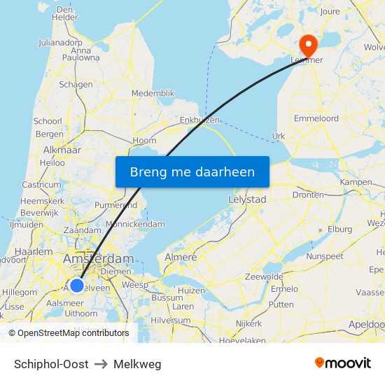 Schiphol-Oost to Melkweg map